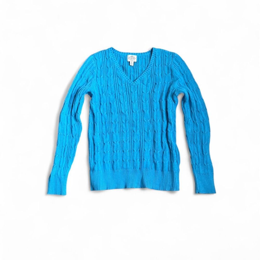 Preppy Cable Knit Blue V Neck Sweater St. John's Size M